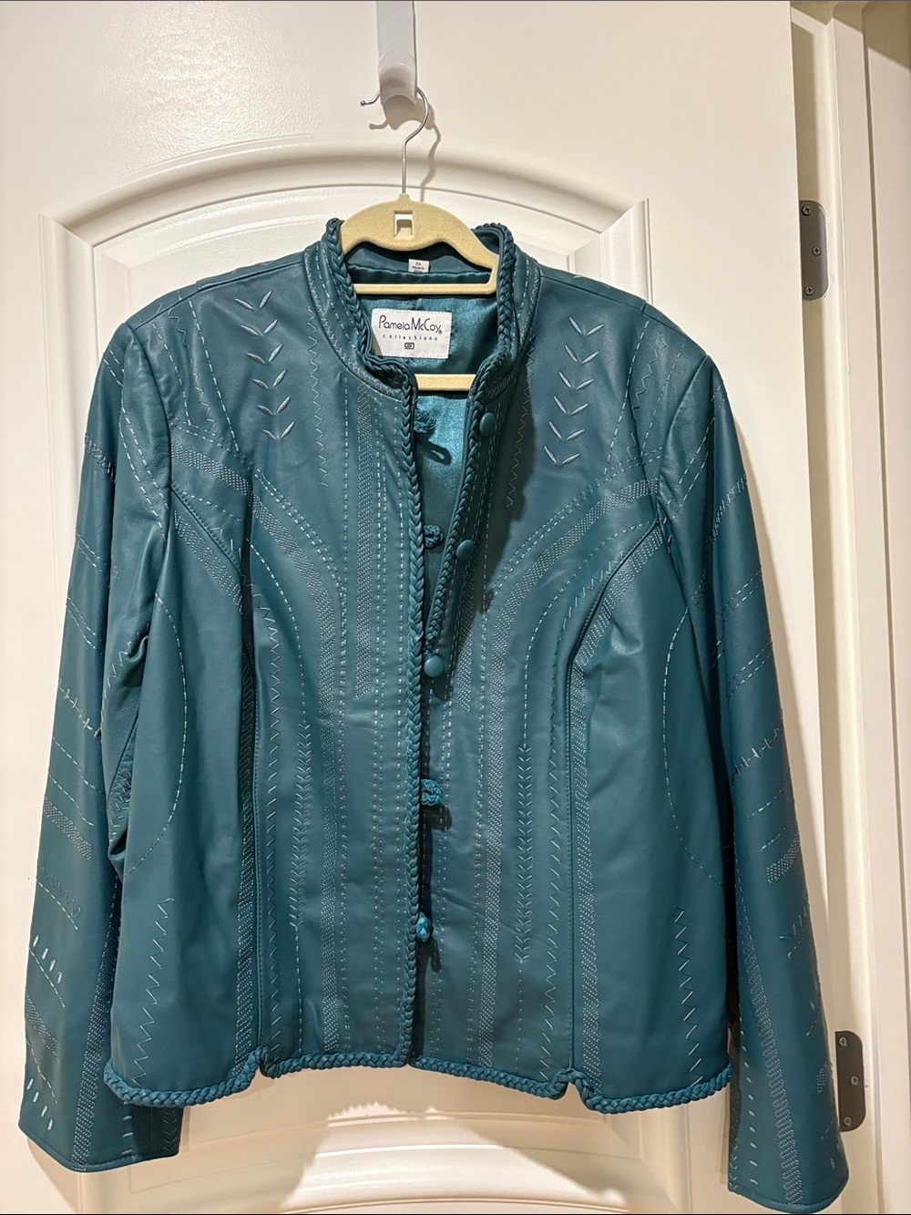 Vintage Pamela McCoy Teal Braided-Trim Fully Lined Leather Jacket Sz 2X NWOT